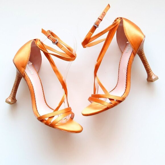 Leon Max Orange Satin Ankle Strap Open Toe Heels / Sandals / Dressy Shoes 6.5 - Picture 16 of 16